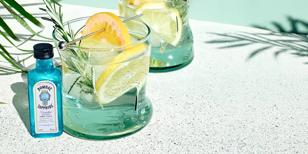 Bombay Sapphire gin miniature with citrus and rosemary gin and tonics, part of the last bank holiday drinks 2025 collection