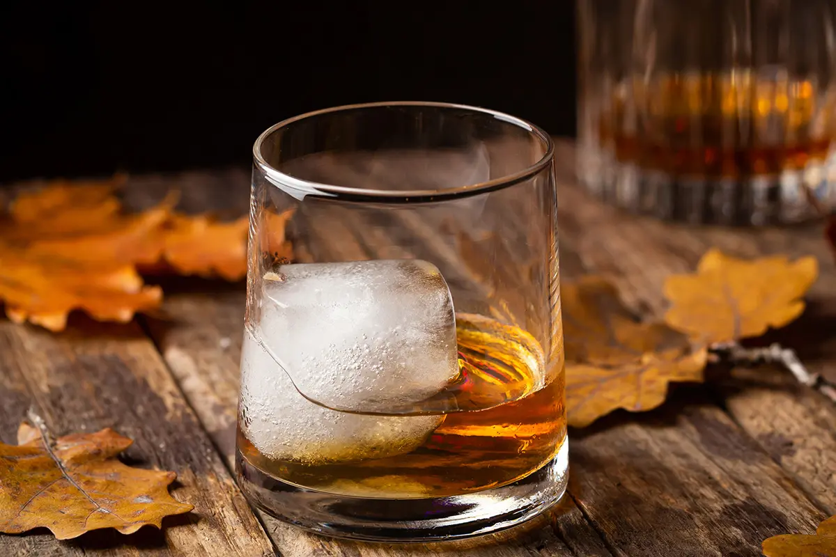 Glass of whisky with ice on a rustic wooden table surrounded by autumn leaves, symbolising Autumn warmer spirits