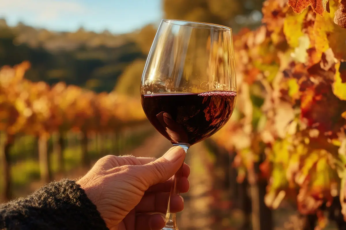 Glass of red wine held against an autumn vineyard, perfect for seasonal Wine highlights
