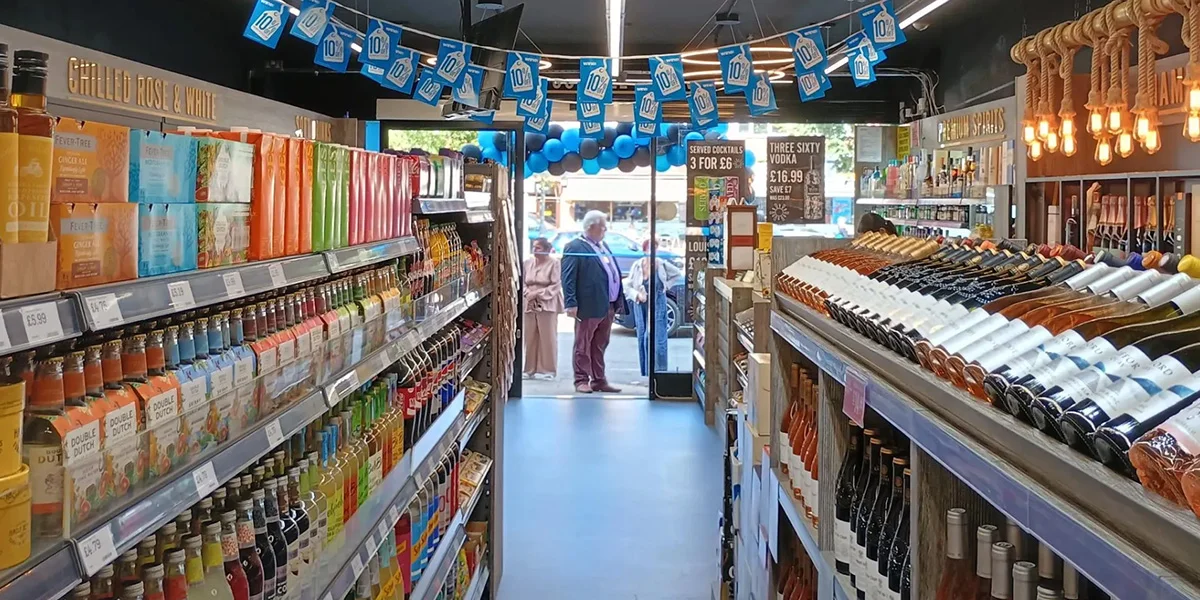 Inside a Wine Rack store with shelves of wine, spirits and low and no alcohol options, showcasing January drinks deals near you