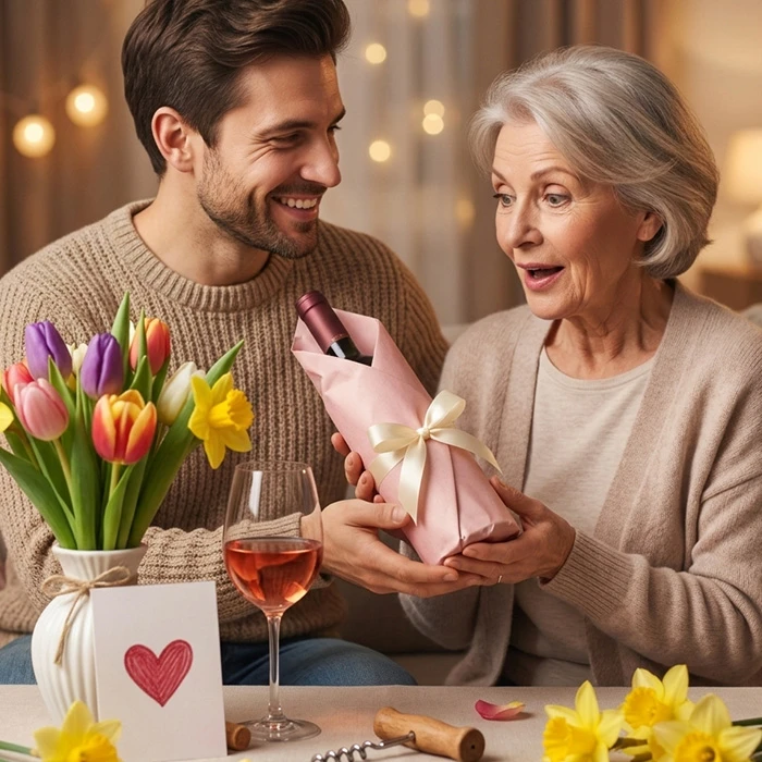 Mother’s Day and St Patrick’s Day drinks near you enjoyed at home as a son gifts his mum a wrapped bottle of wine beside fresh flowers and a glass of rosé.