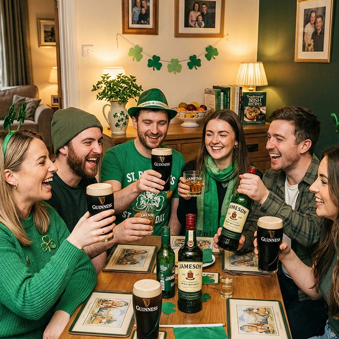 Mother’s Day and St Patrick’s Day drinks near you enjoyed by friends celebrating with Guinness and Irish whiskey around a festive table decorated in green.