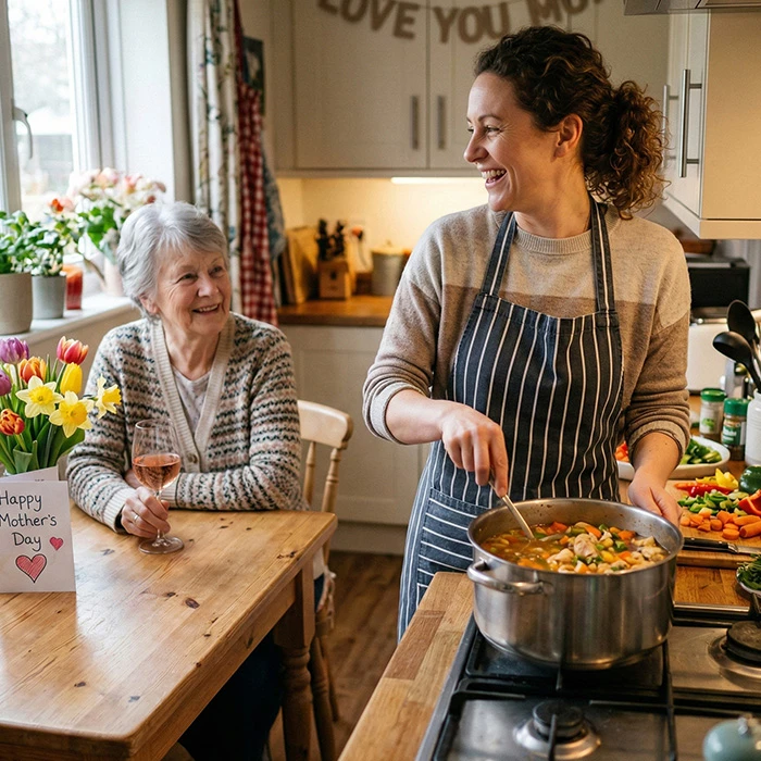 Mother’s Day and St Patrick’s Day drinks near you enjoyed at home as a family celebrates with a home cooked meal and a glass of rosé in a warm kitchen setting.