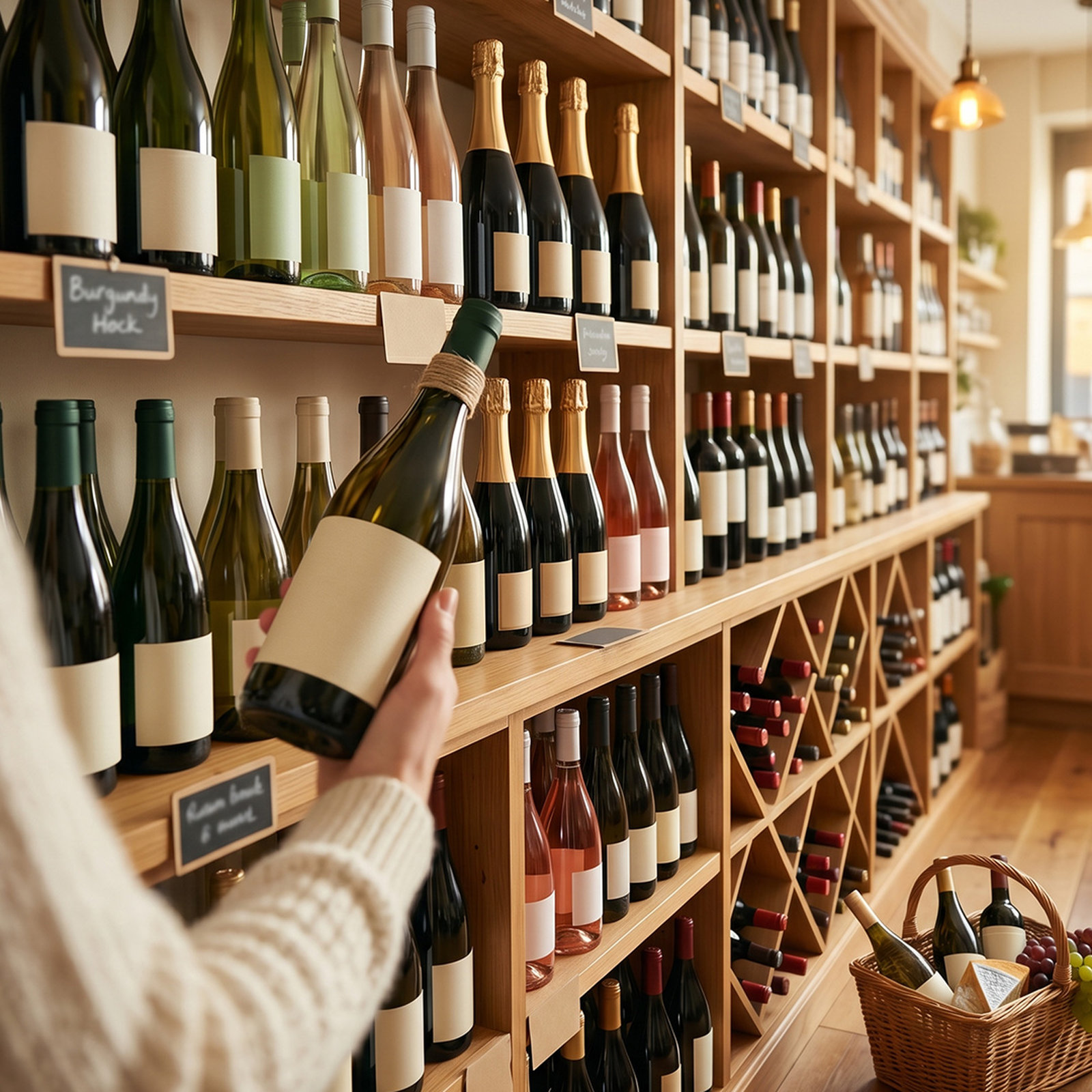 Customer browsing a Wine Rack store and selecting a bottle of white wine from shelves stocked with red, white, rosé and sparkling wines, showcasing bank holiday drinks deals near you at Wine Rack.