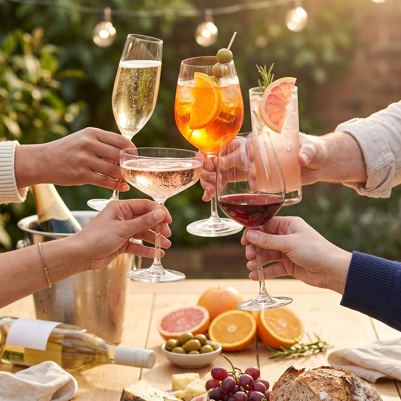 Friends toasting with champagne, Aperol spritz, pink gin, rosé and red wine over a garden table with sharing board under warm fairy lights, celebrating bank holiday drinks deals near you at Wine Rack.