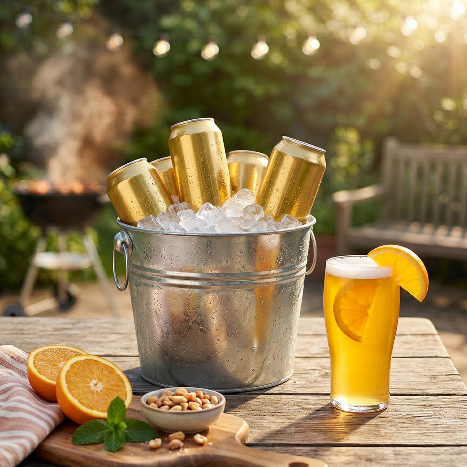Ice bucket of chilled golden beer cans beside a fresh citrus pint and BBQ in a sunny garden, showcasing bank holiday drinks deals near you at Wine Rack.