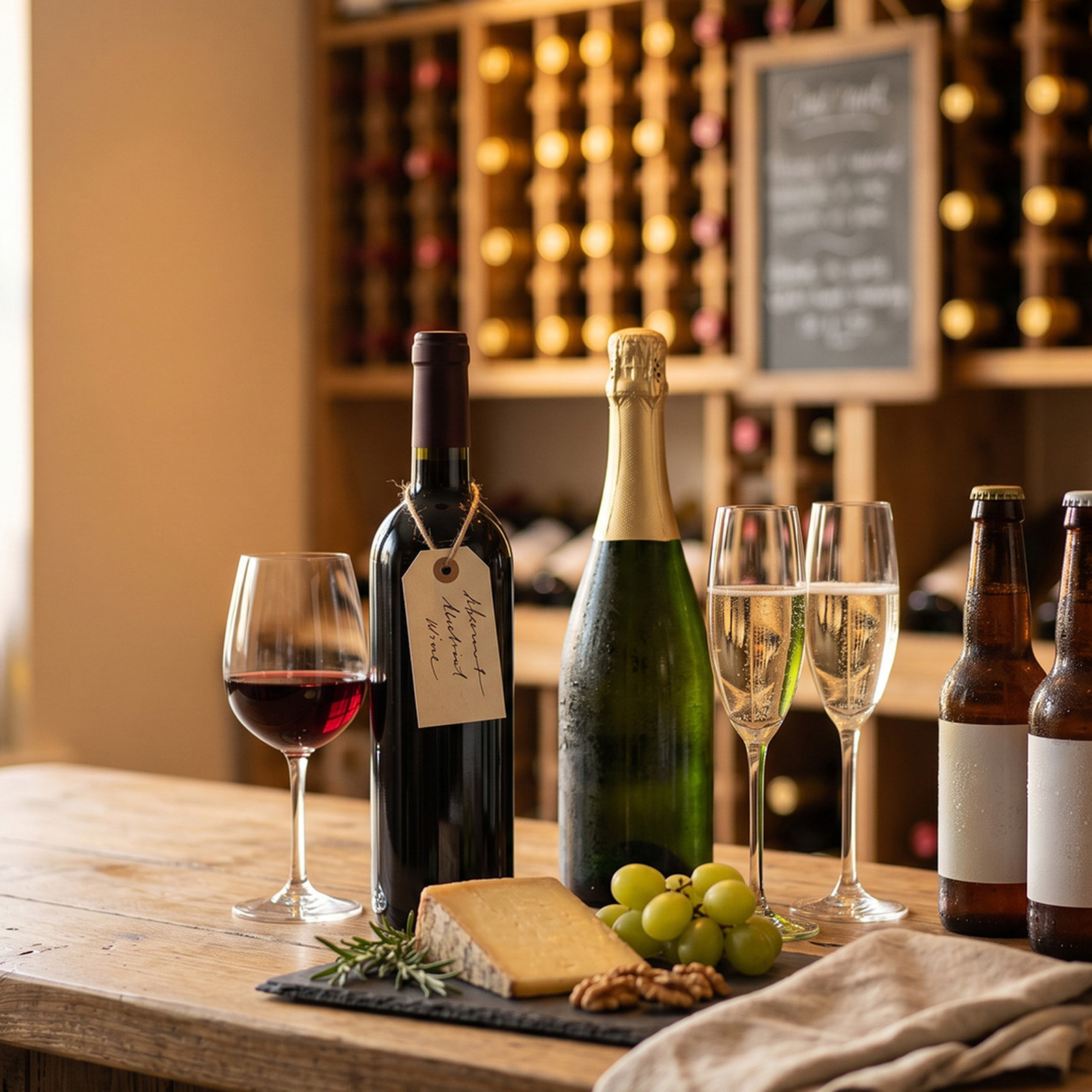 Outdoor table set with chilled champagne, rosé, red wine, lagers and a citrus cocktail under warm garden lights, showcasing bank holiday drinks deals near you at Wine Rack.