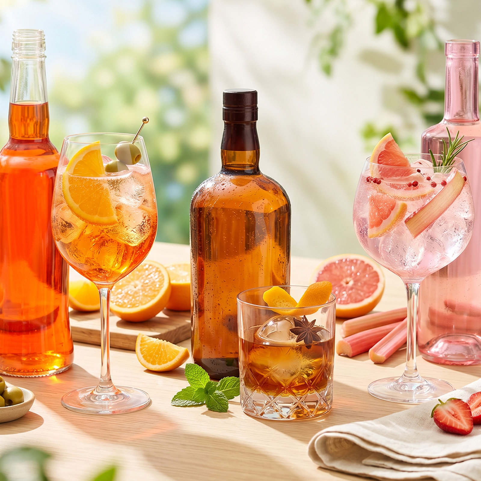 Selection of spring spirits including Aperol spritz, spiced rum old fashioned and pink gin and tonic with citrus and rhubarb garnishes, showcasing bank holiday drinks deals near you at Wine Rack.
