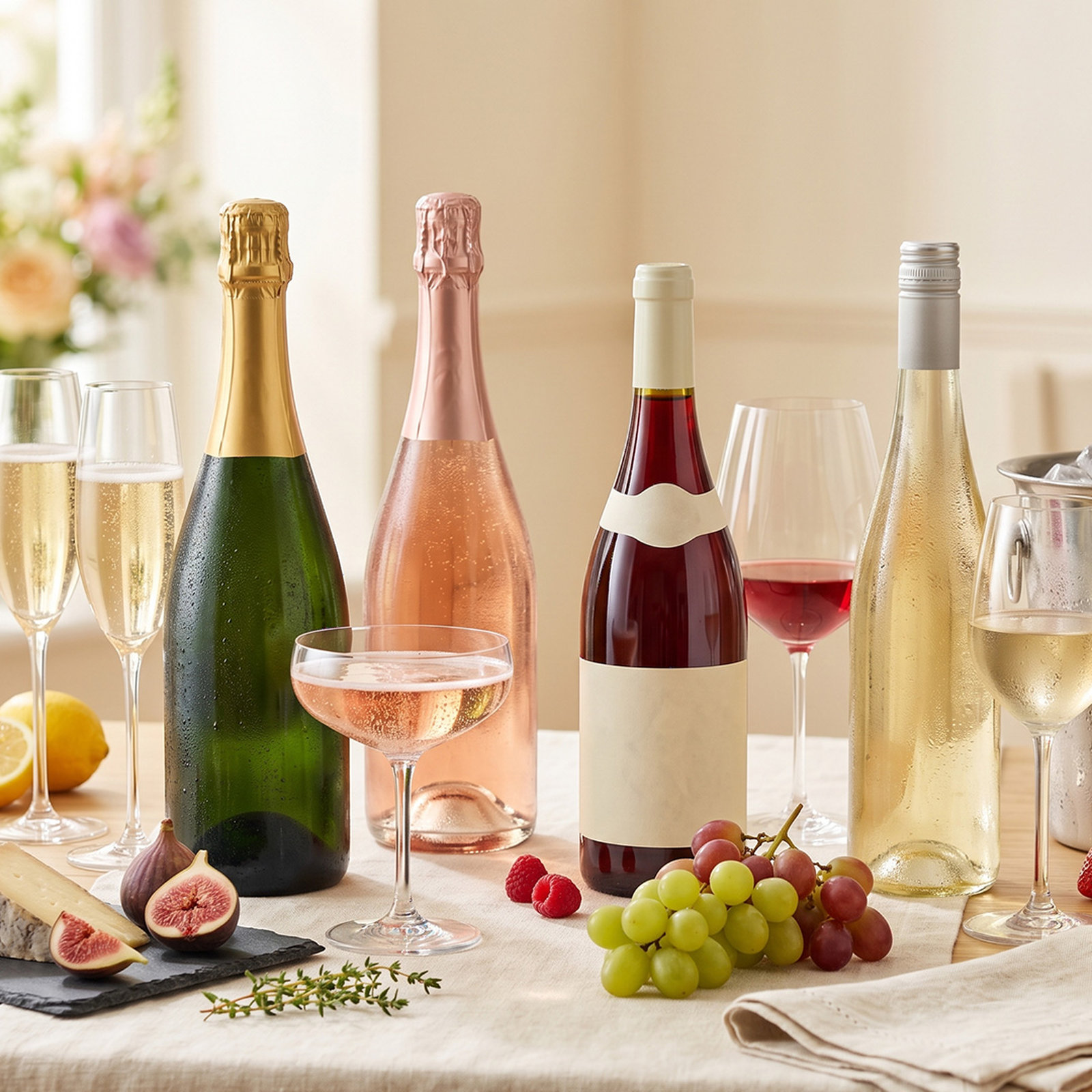 Elegant table setting with champagne, sparkling rosé, red and white wine bottles alongside filled glasses, figs, grapes and cheese, showcasing premium bank holiday drinks deals near you at Wine Rack.